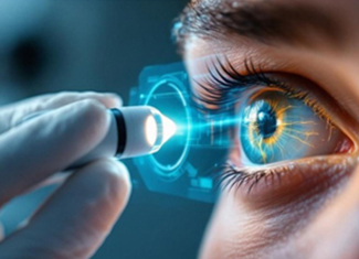 Close-up of an eye examination with a slit lamp
