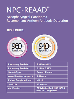 NPC-REAAD highlights sheet showing sensitivity, specificity, and assay specifications