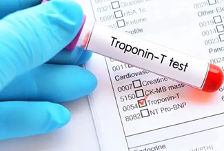 Blood collection tube labelled Troponin-T test on a cardiology request form